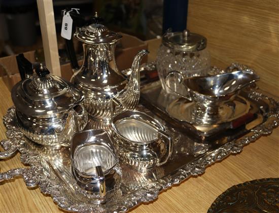A group of assorted plated wares, including a four piece tea and coffee set